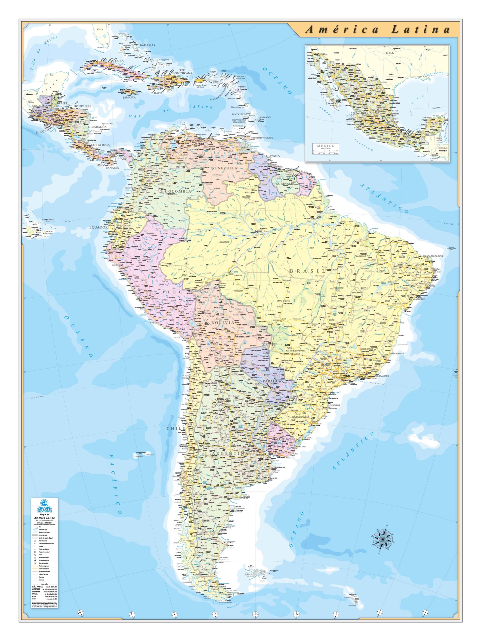 Mapa América Latina 0,90x1,20m - Ref: 175