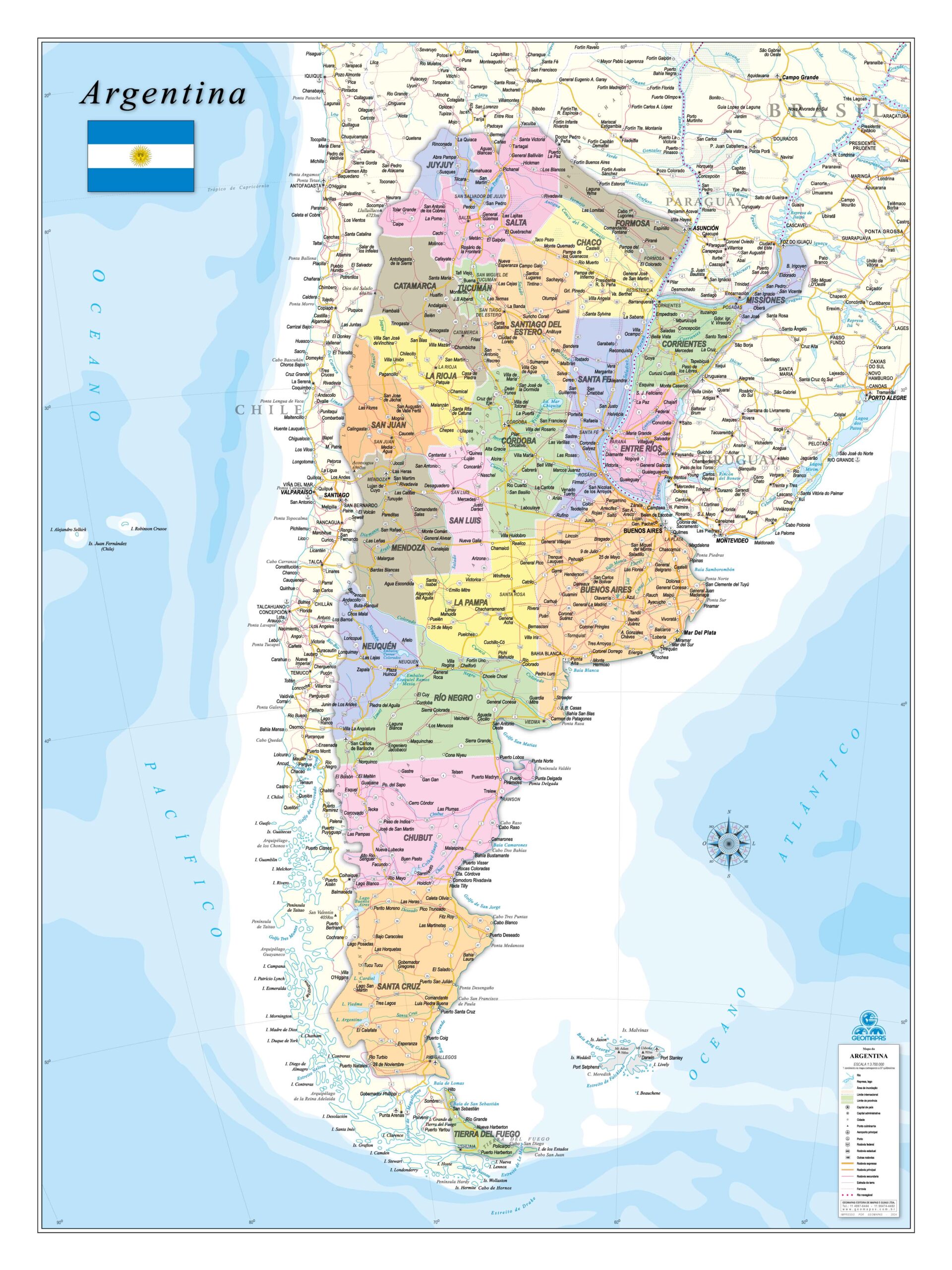 Mapa Argentina Político e Rodoviário 90x120cm ou 120x160cm - Ref: 233