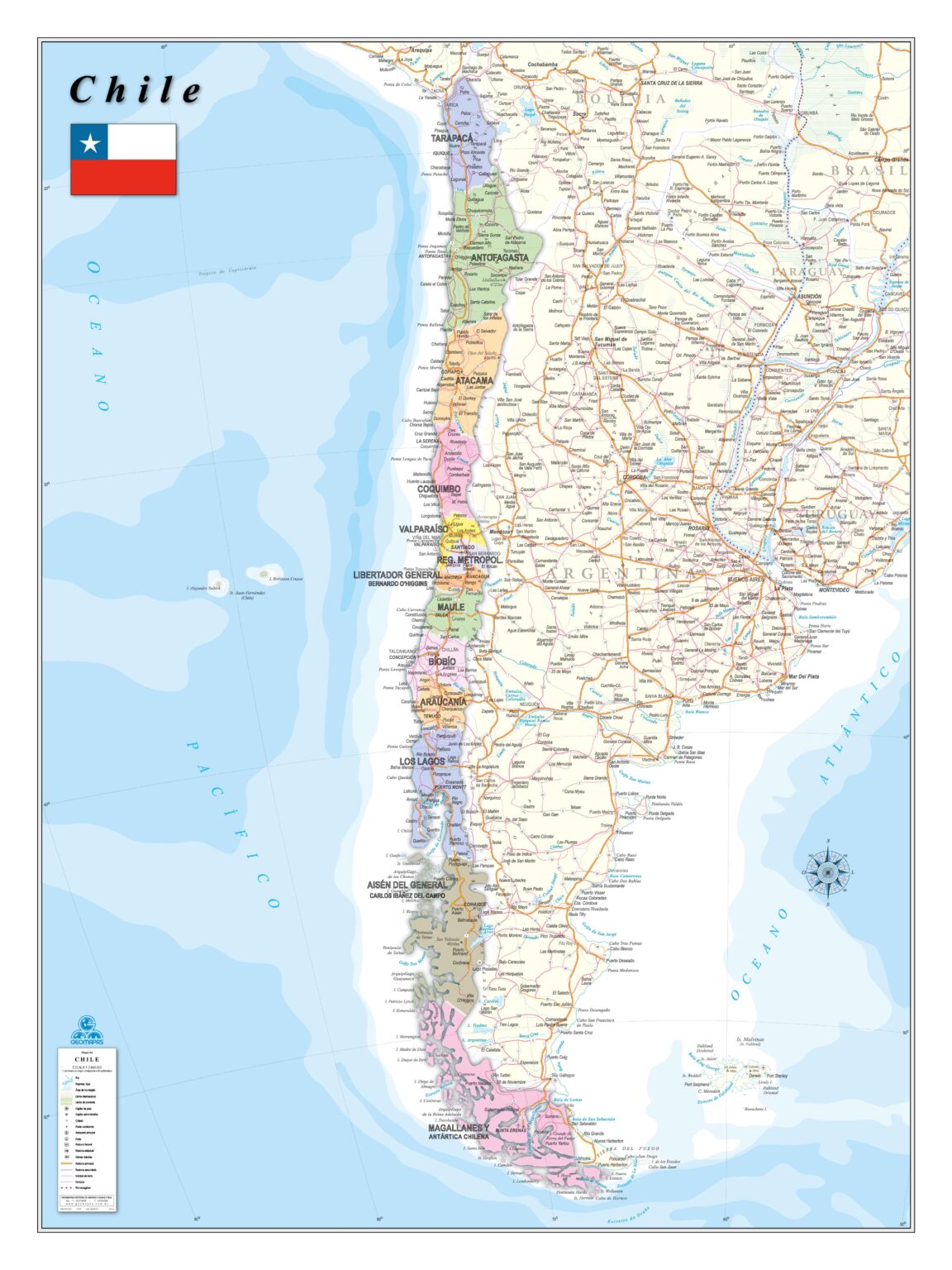 Mapa Do Chile Político E Rodoviário - Ref: 235 - Formato: 0.90x1.20m ...