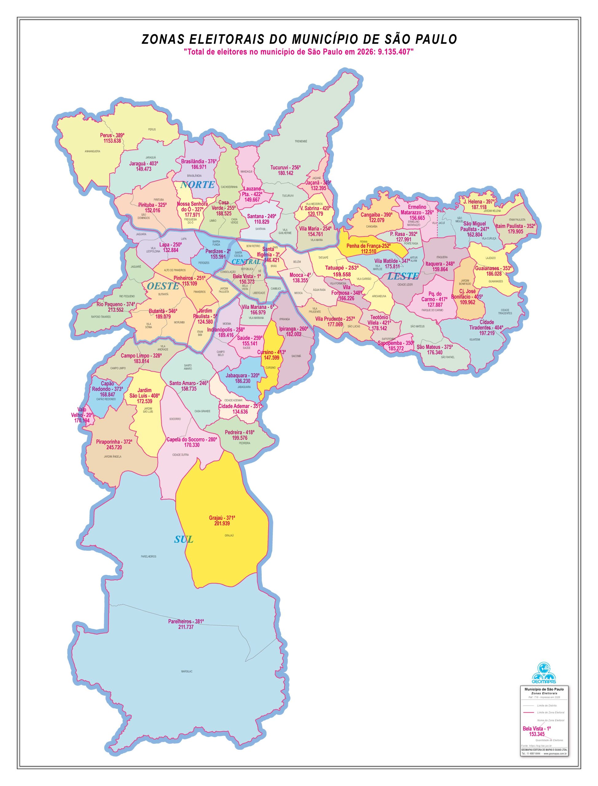 Mapa das Zonas Eleitorais do Município de São Paulo - Ref: 716 - Formato: 0,90x1,20m - Ano 2026