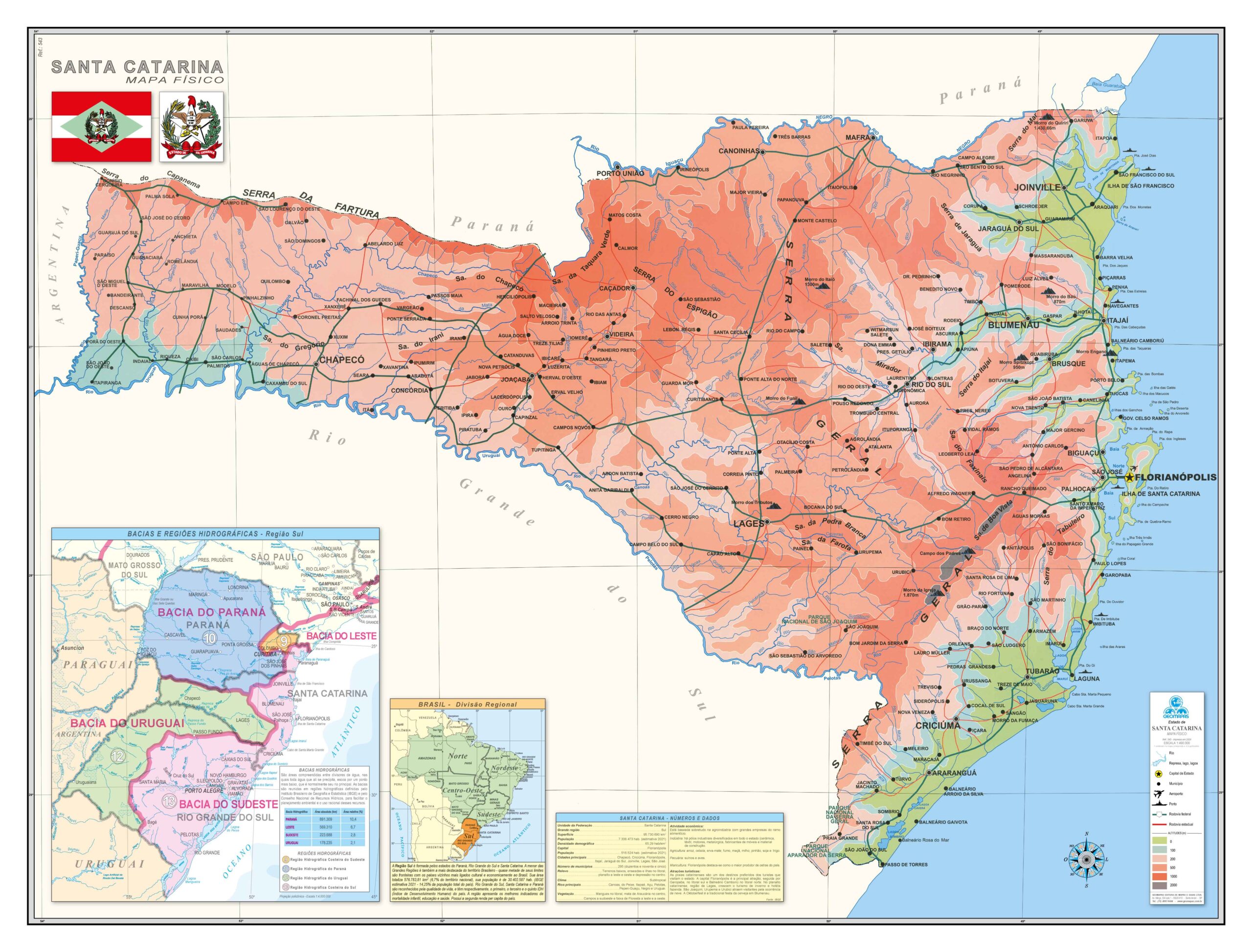 Mapa do Estado de Santa Catarina Físico