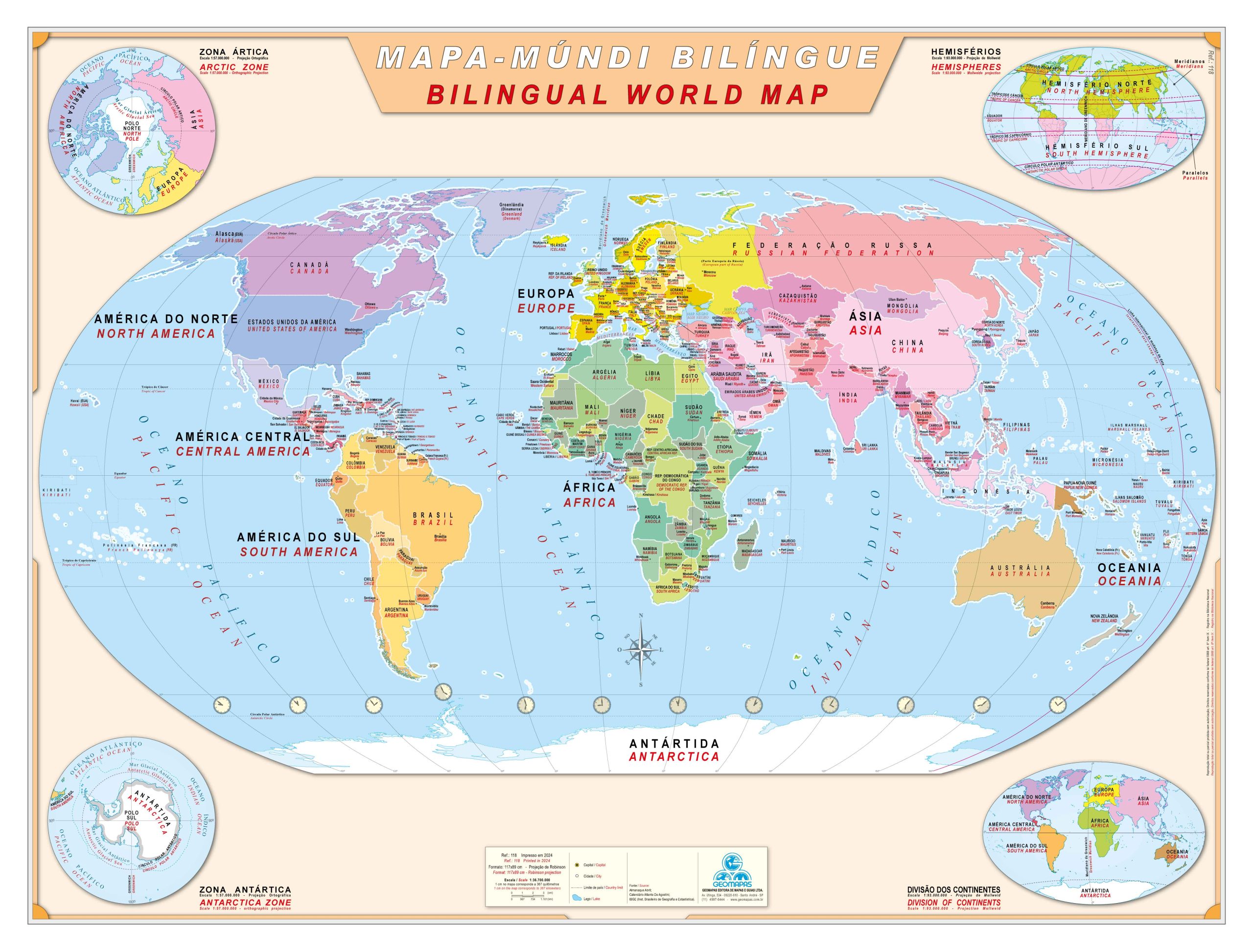 Mapa-Múndi Bilíngue – Ref.:118 – 07 – Formato: 1.20×0.90m