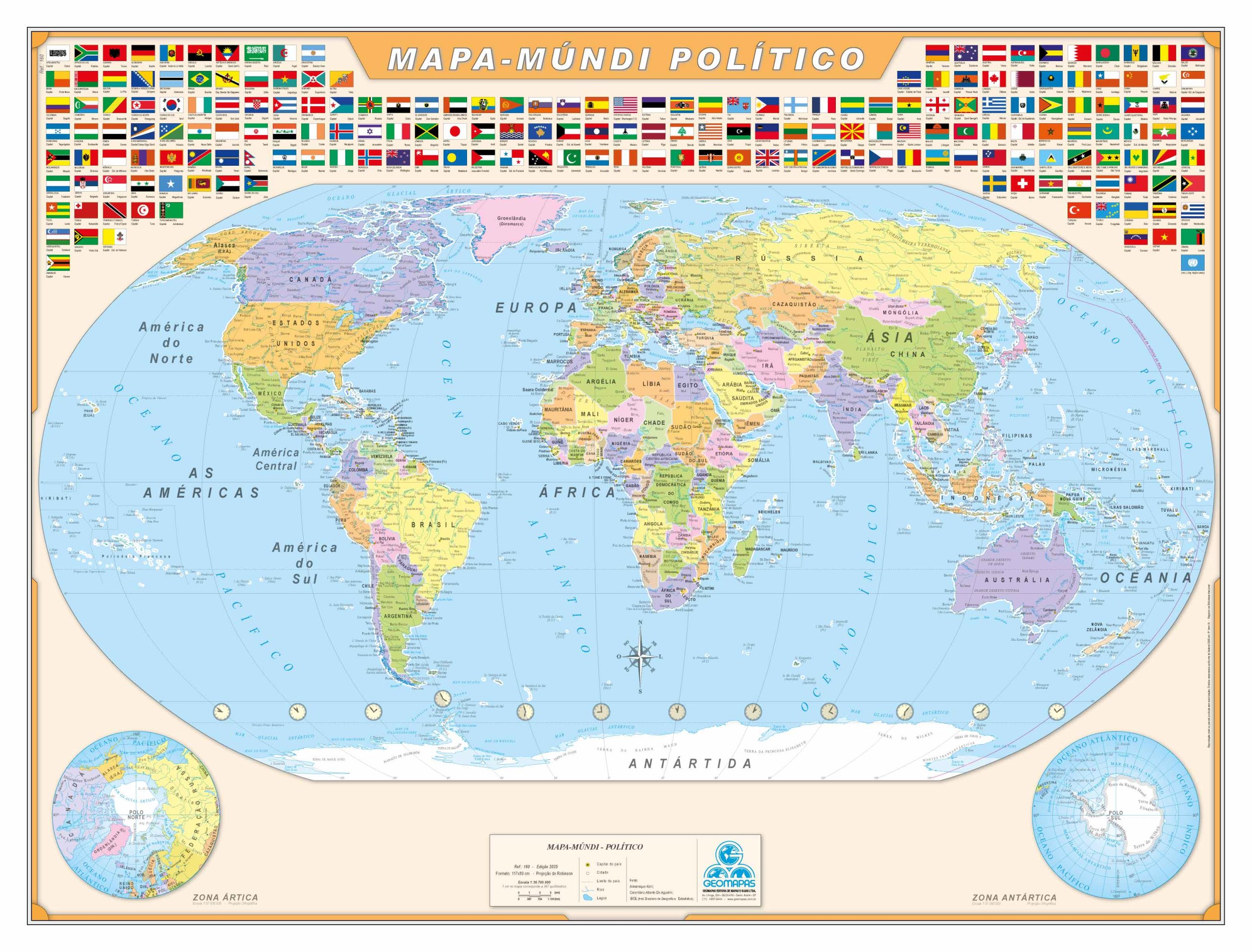 Mapa-Múndi Político Bandeiras – Ref. 160 – Formato 1,20 x 0,90m – Geomapas 2026