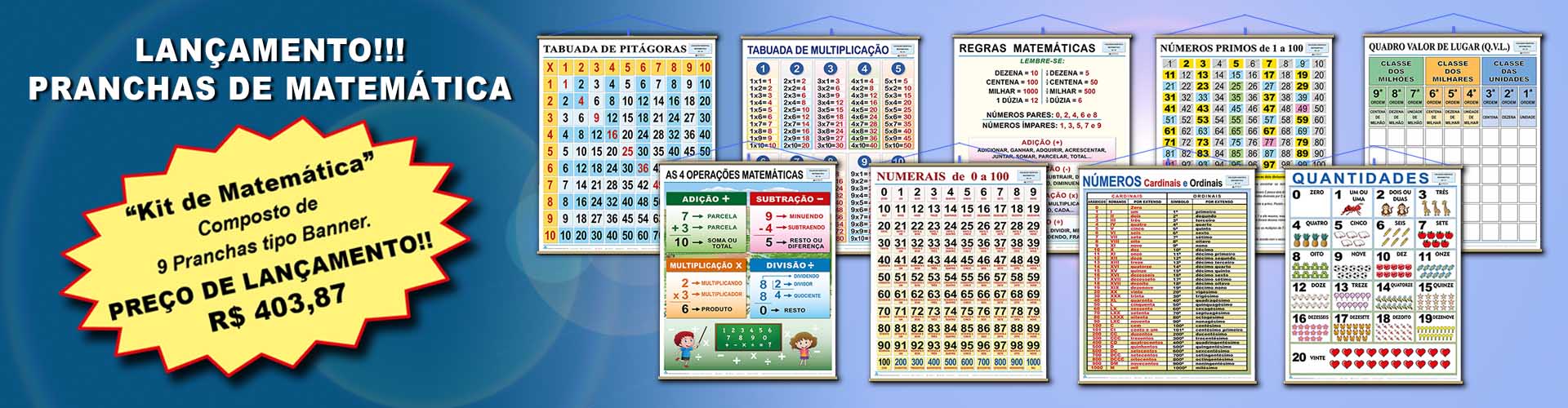 Kit de Matemática – Composto de 9 pranchas tipo Banner – Ref. 033 – Formato: 0,90×1,20m – Geomapas 2026