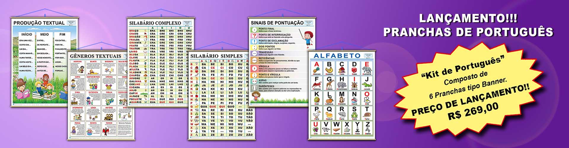Kit de Português – composto de 6 pranchas tipo Banner – Ref. 034 – Formato: 0,90×1,20m – GEOMAPAS 2026